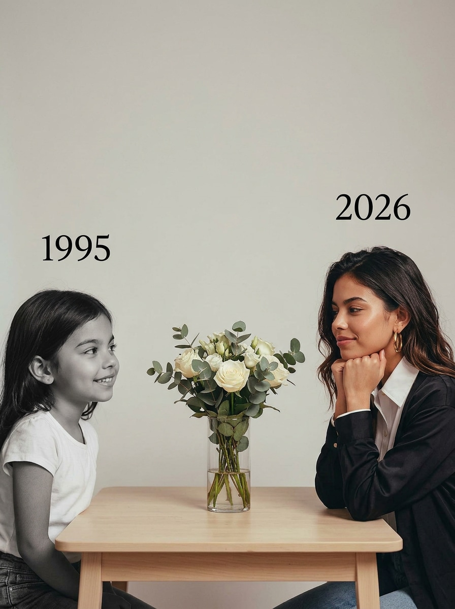 Realistic ChatGPT AI childhood photo with younger self