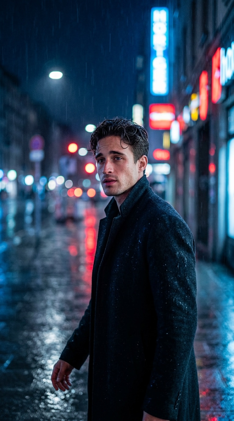 Rainy street night cinematic portrait prompt