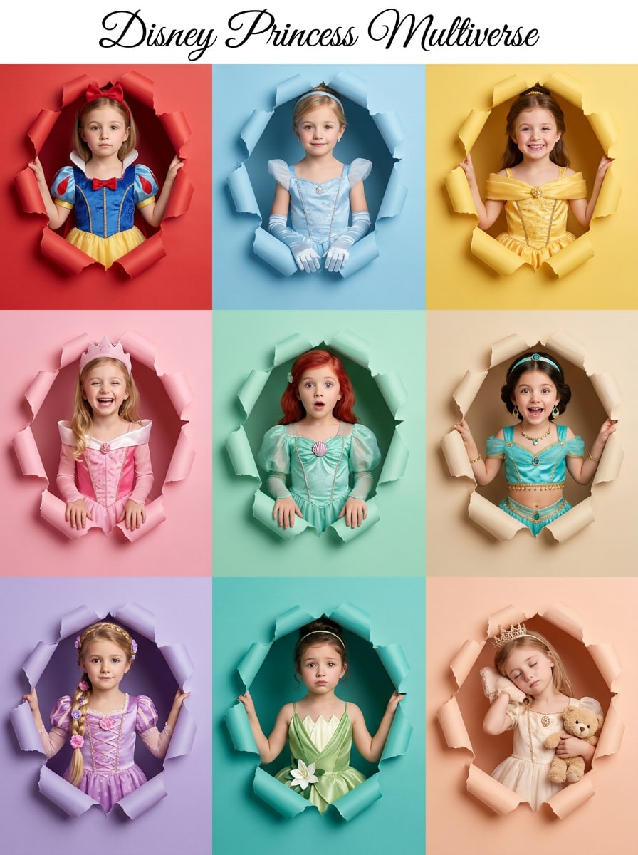 Disney Princess baby collage generated with ChatGPT prompt, photorealistic torn paper panels, soft lighting, cute viral AI image aesthetic