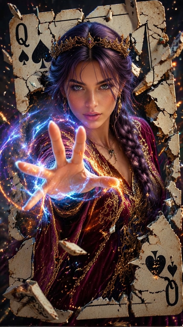 ChatGPT Queen of Spades dark fantasy poster with shattered playing card, glowing magic energy, cinematic dramatic lighting