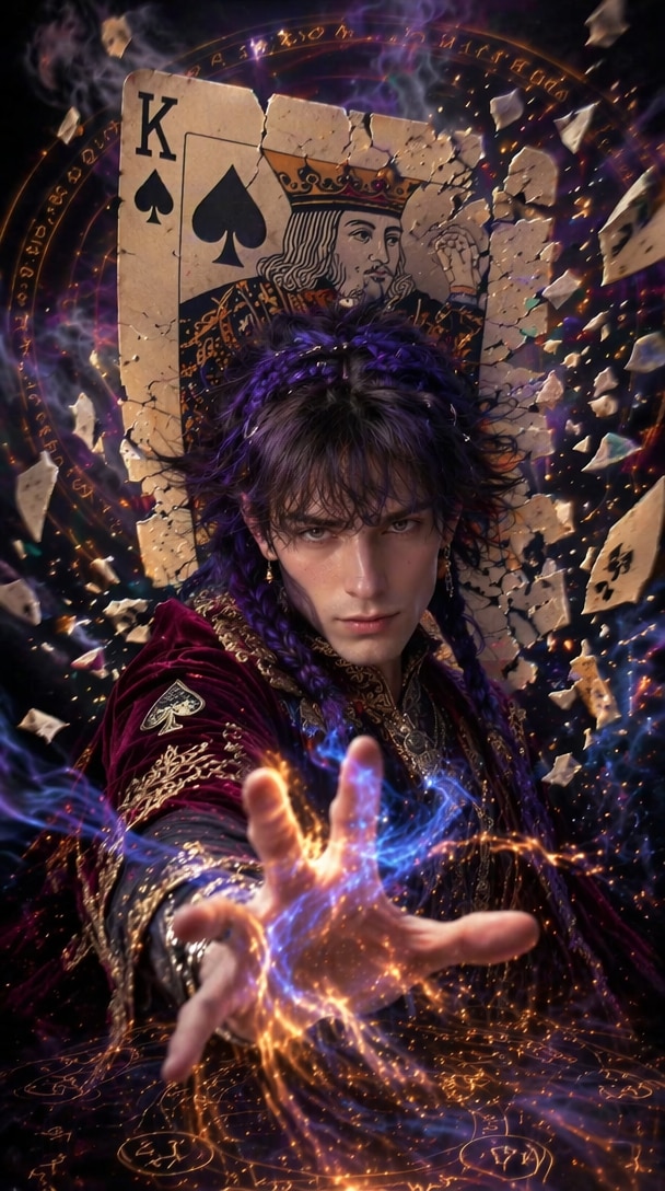 Queen of Spades cinematic fantasy portrait generated with ChatGPT prompt, shattered card effect, floating particles, premium movie poster aesthetic