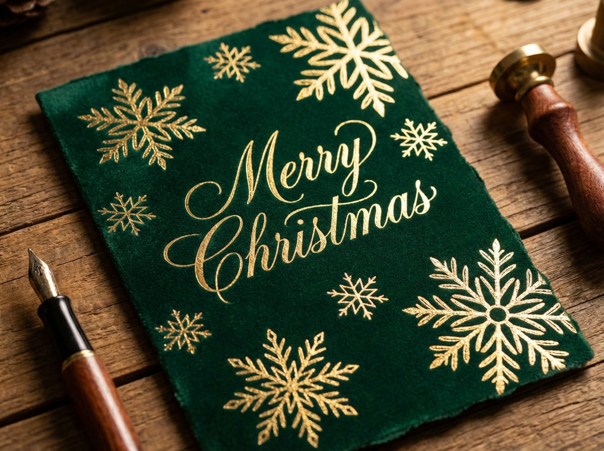 Luxury Christmas card in deep emerald with gold foil snowflake