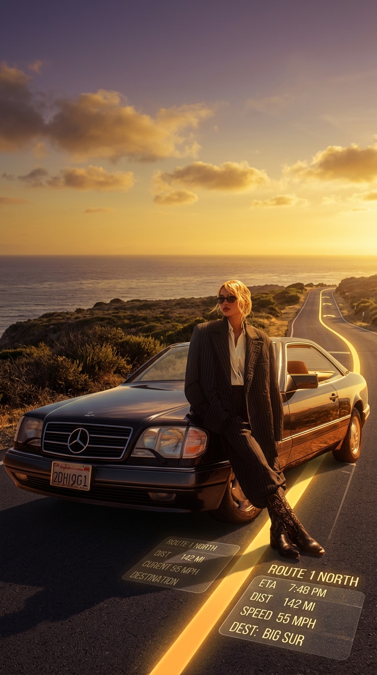 Golden Hour Highway Route cinematic car photo prompt