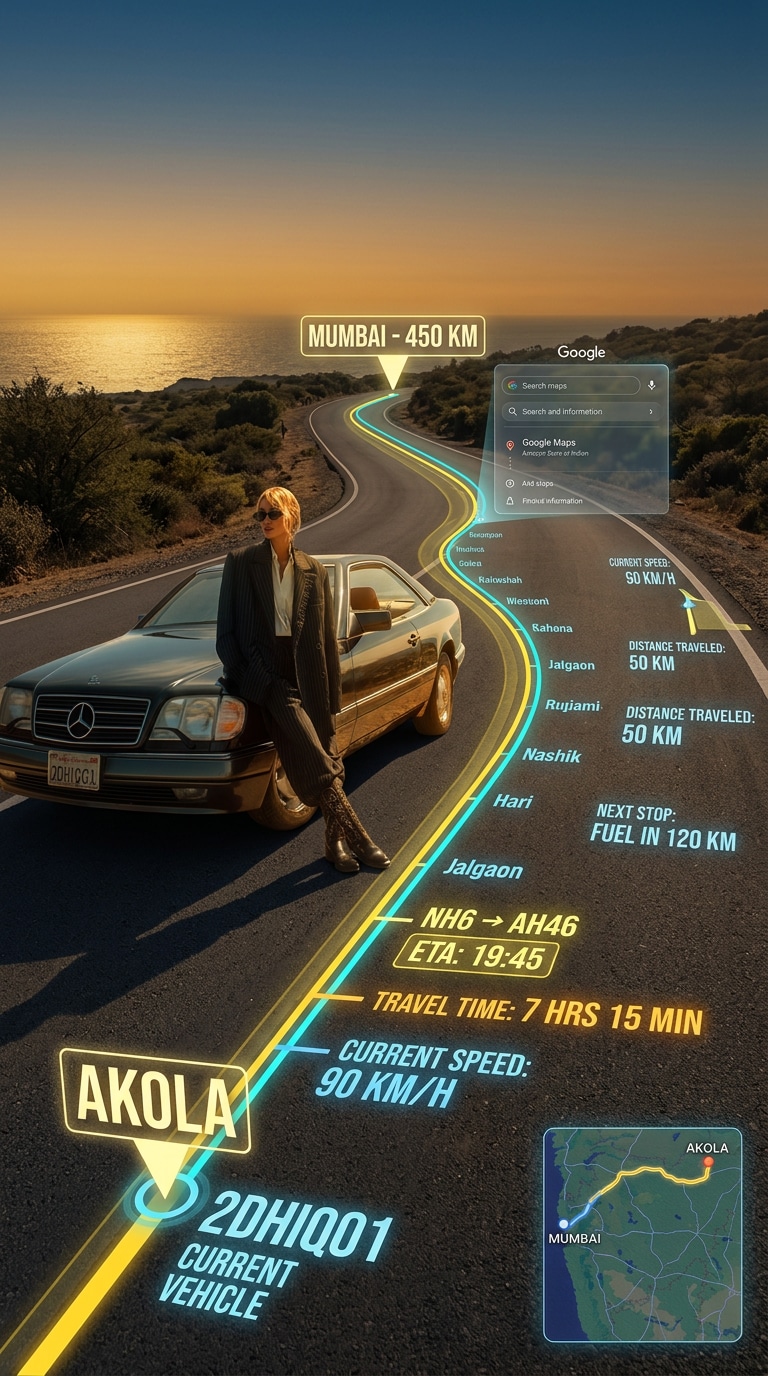 Golden hour cinematic car scene with glowing navigation route overlay
