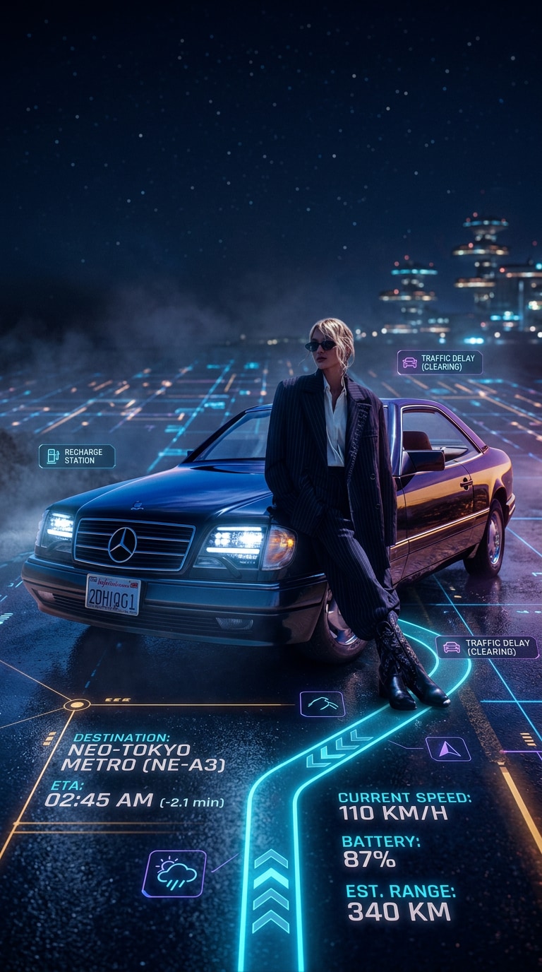 Night Neon Navigation cinematic car photo prompt