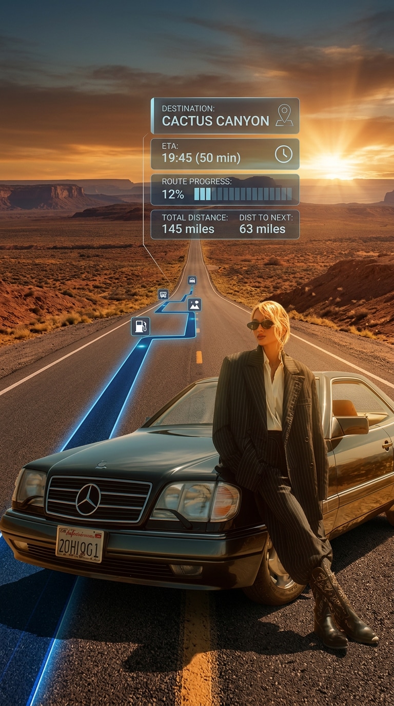 Desert Highway GPS Overlay cinematic car photo prompt