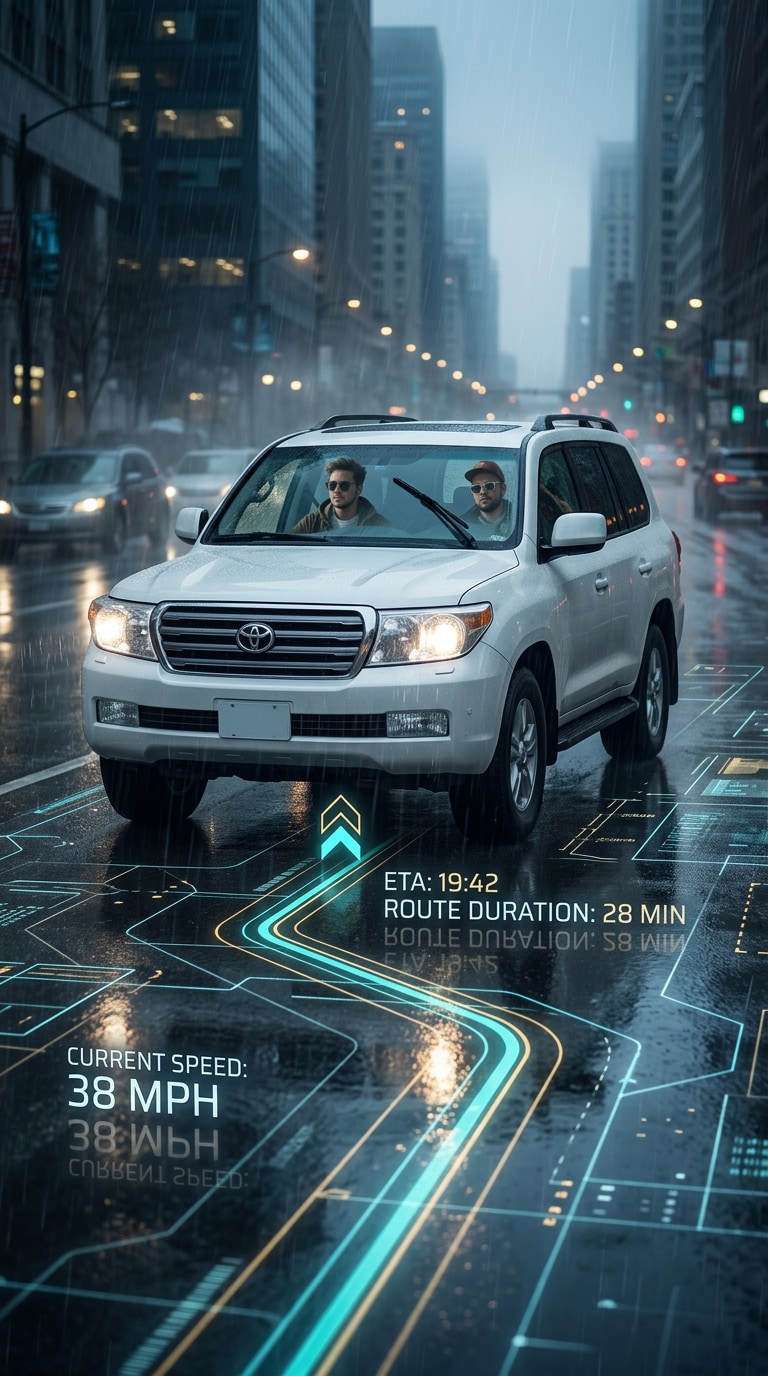 Rainy Road AR Route cinematic car photo prompt