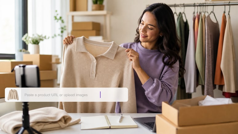 AI Clothing and Apparel Photos workflow turning a product URL or owned images into a product-first video brief