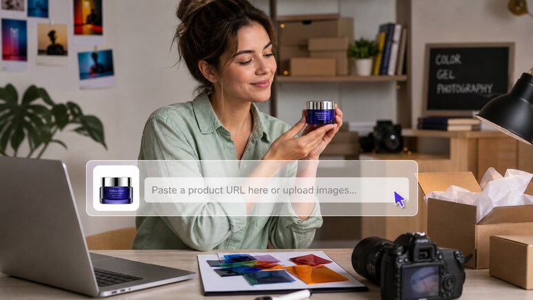 AI Color Gel Photography workflow turning a product URL or owned images into a product-first video brief