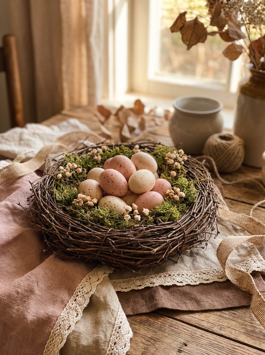 Cottagecore nest closeup Easter background