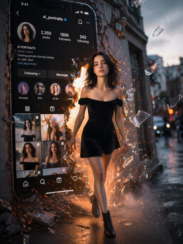 cross-dimensional AI photo prompt with digital portal energy