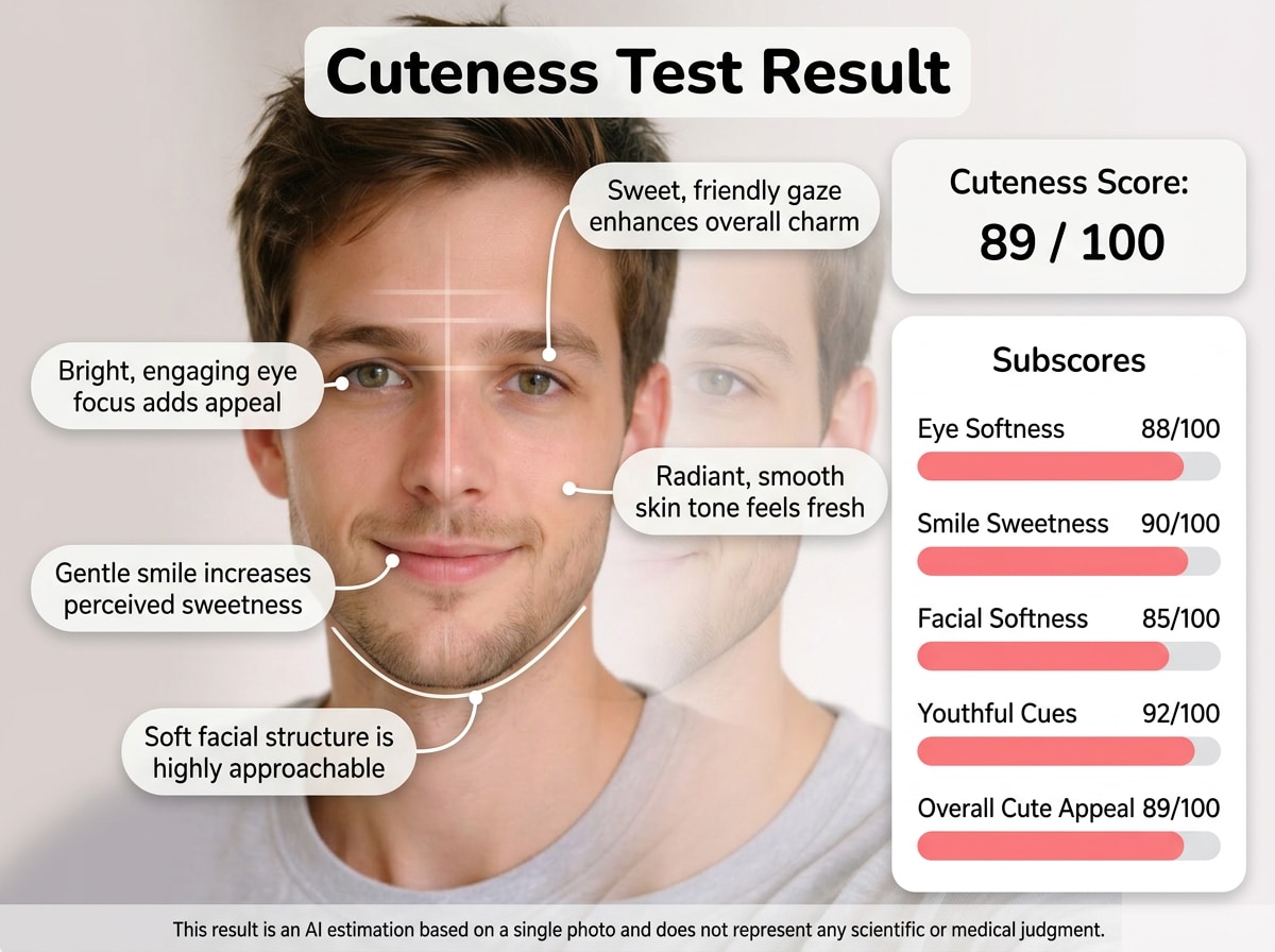 AI cute score report showing eye softness and smile sweetness analysis