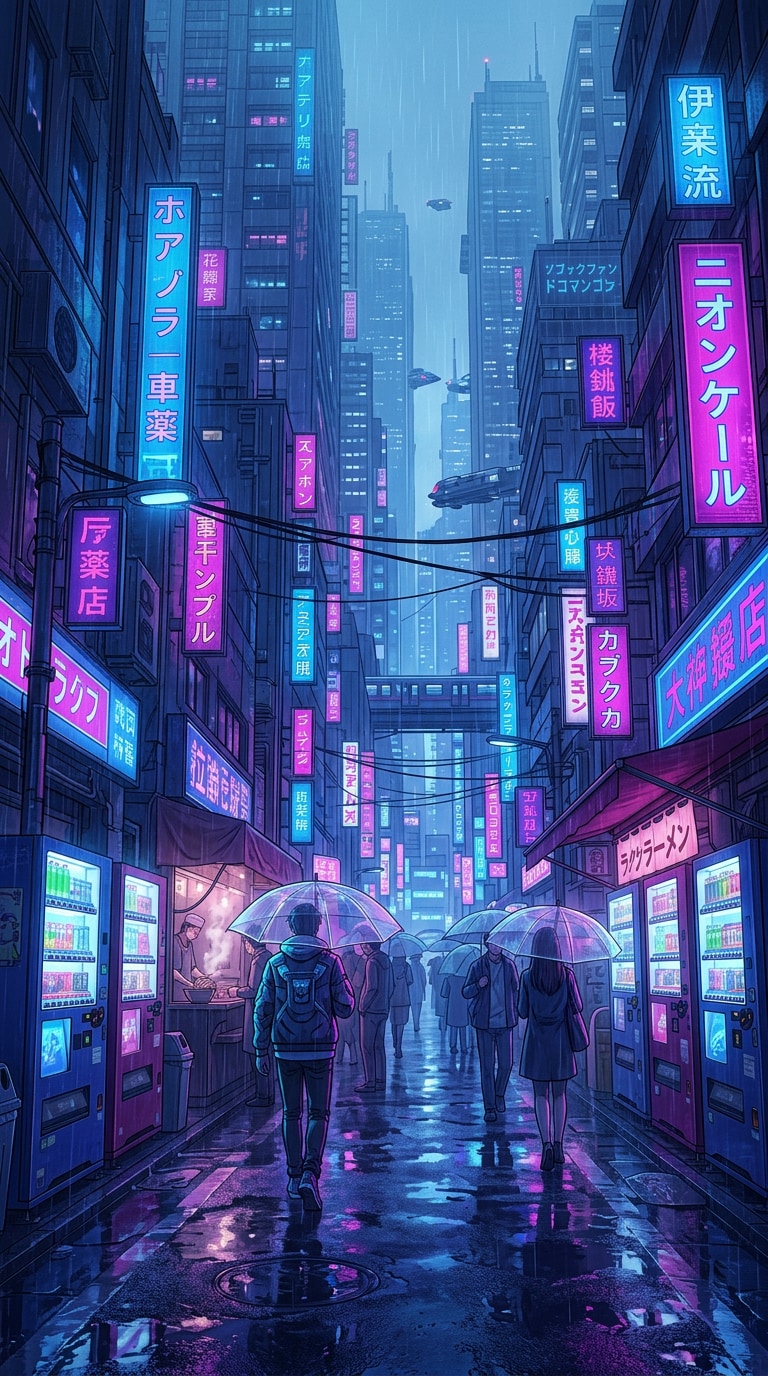 Cyberpunk anime wallpaper prompt Neon Tokyo rainy street