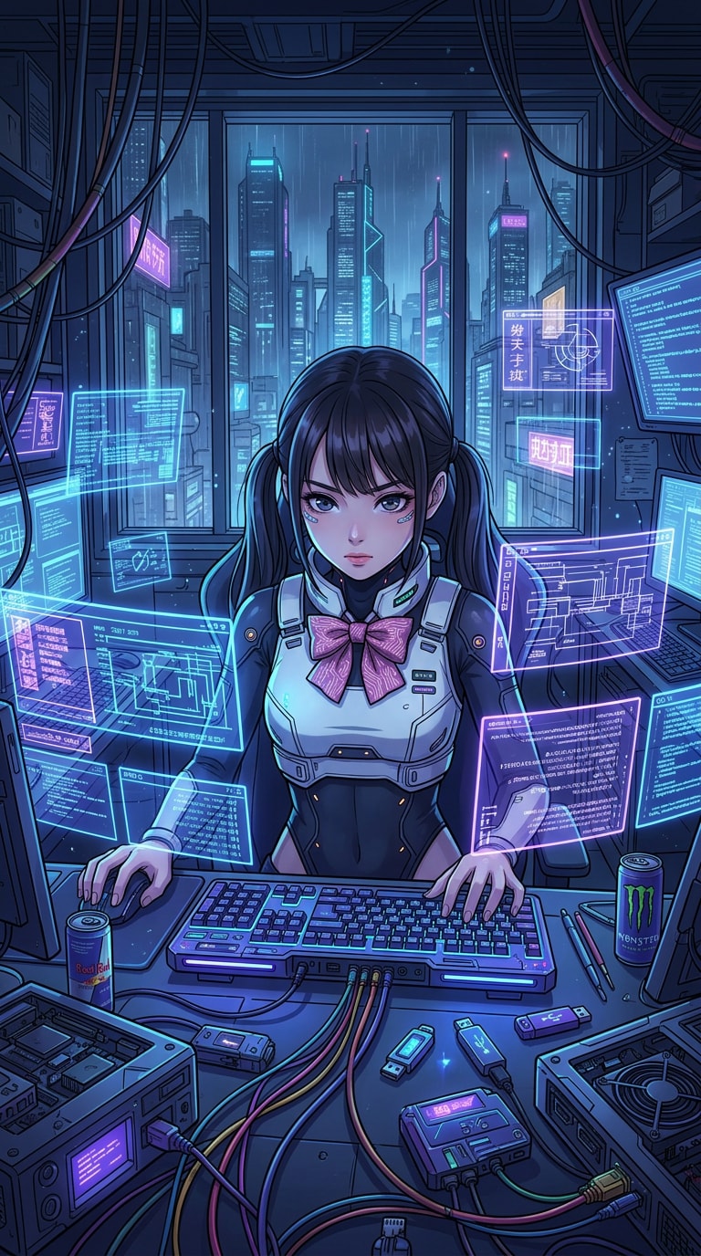 Cyberpunk anime girl hacker room prompt