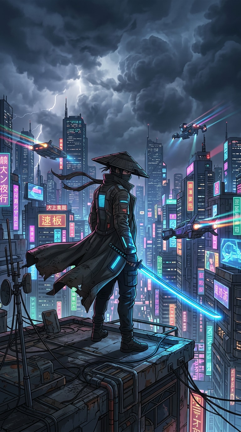 Cyberpunk ronin anime wallpaper prompt