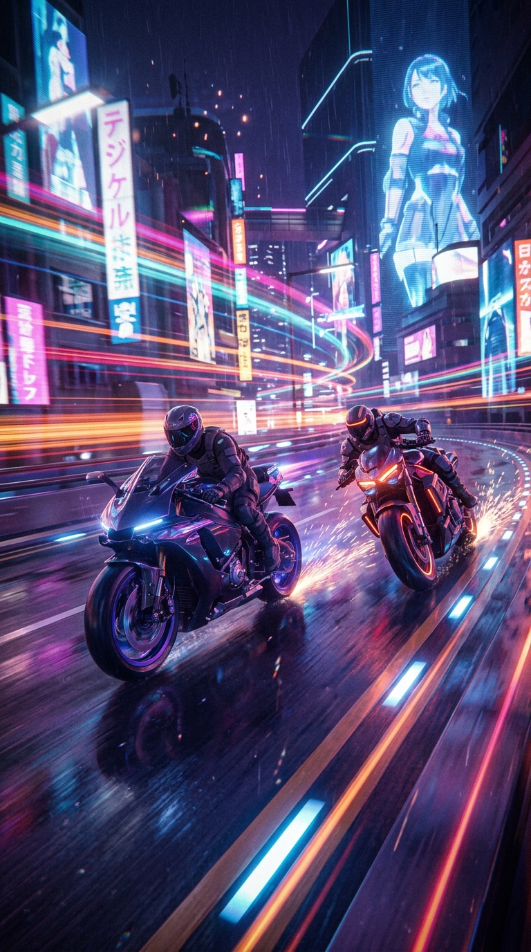 Cyberpunk anime motorcycle chase wallpaper prompt