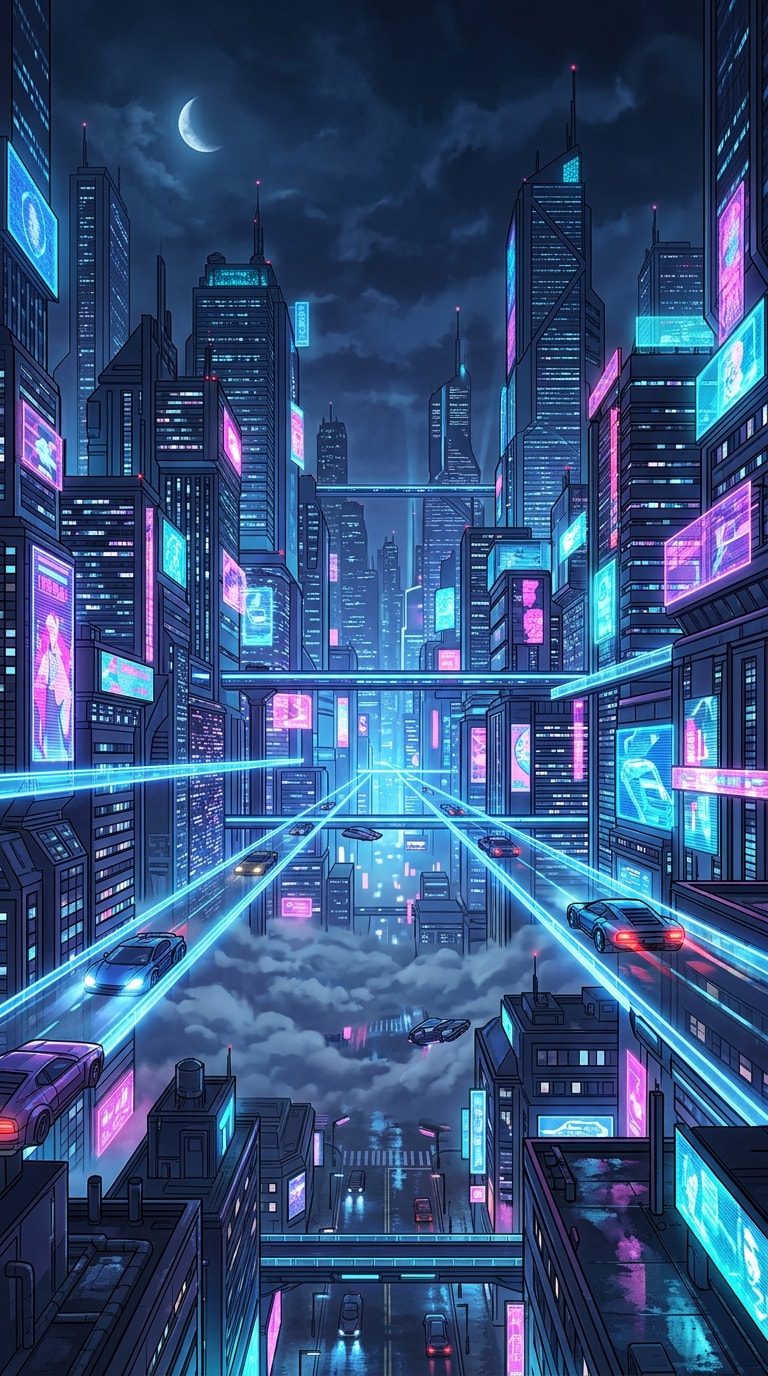 Cyberpunk anime skyline wallpaper prompt