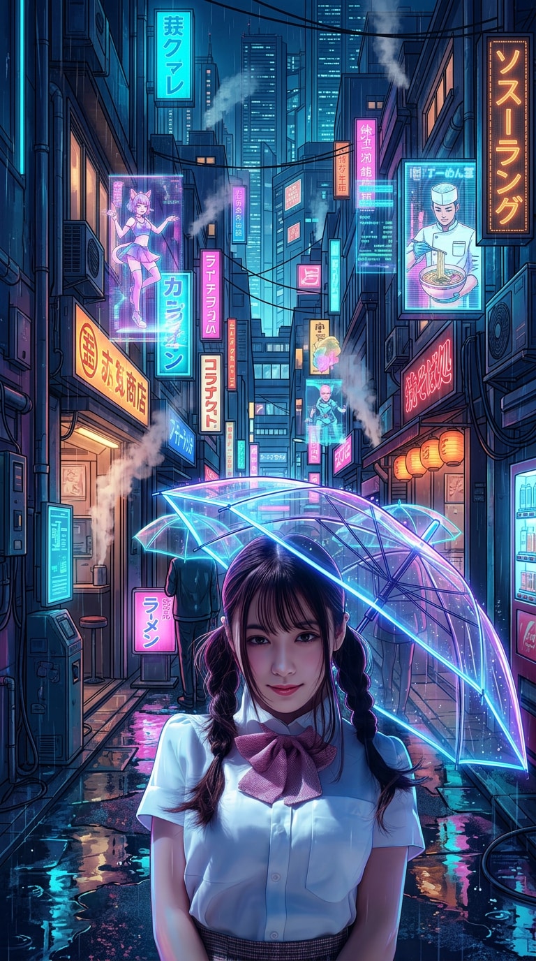 Cyberpunk anime girl wallpaper AI prompt