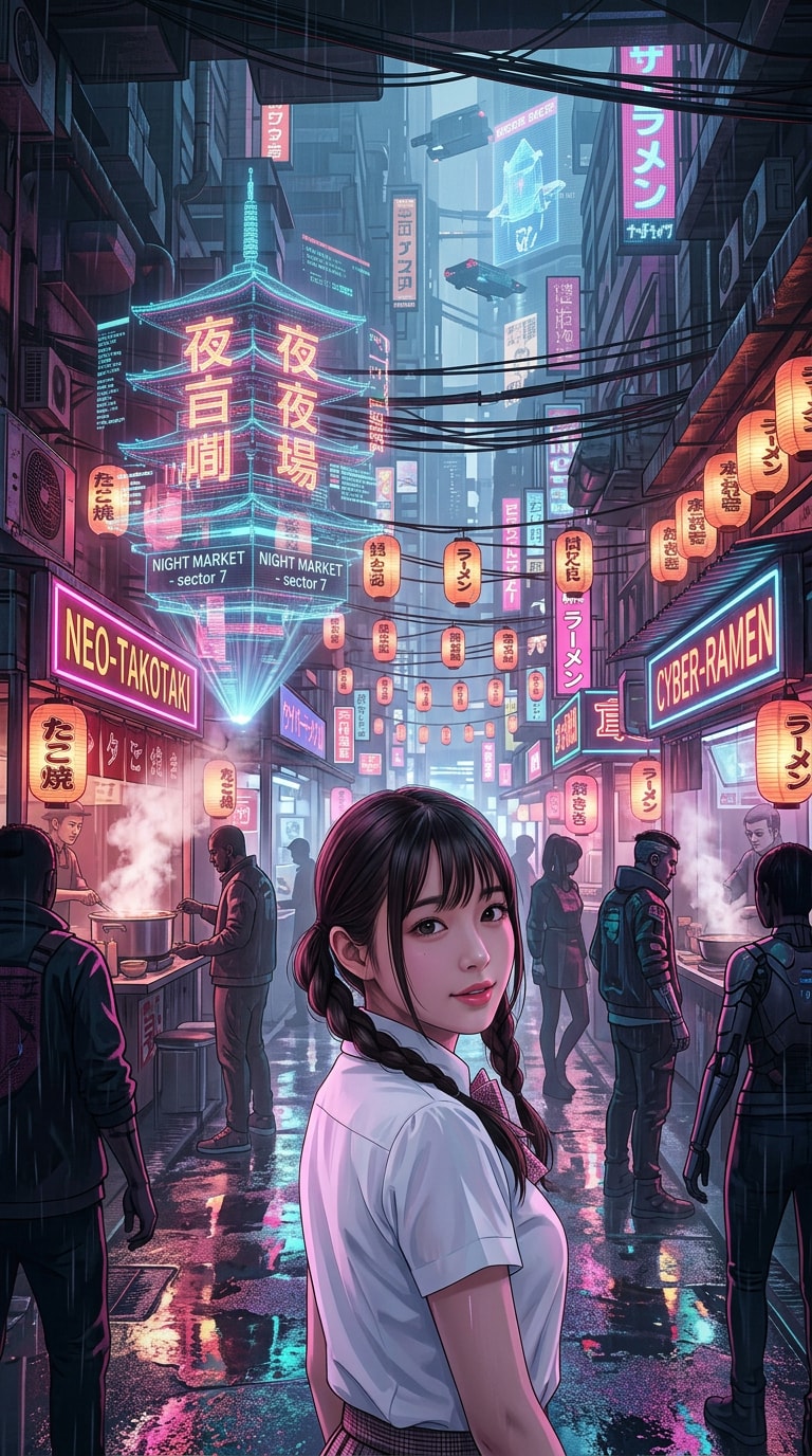 Cyberpunk android anime portrait wallpaper prompt