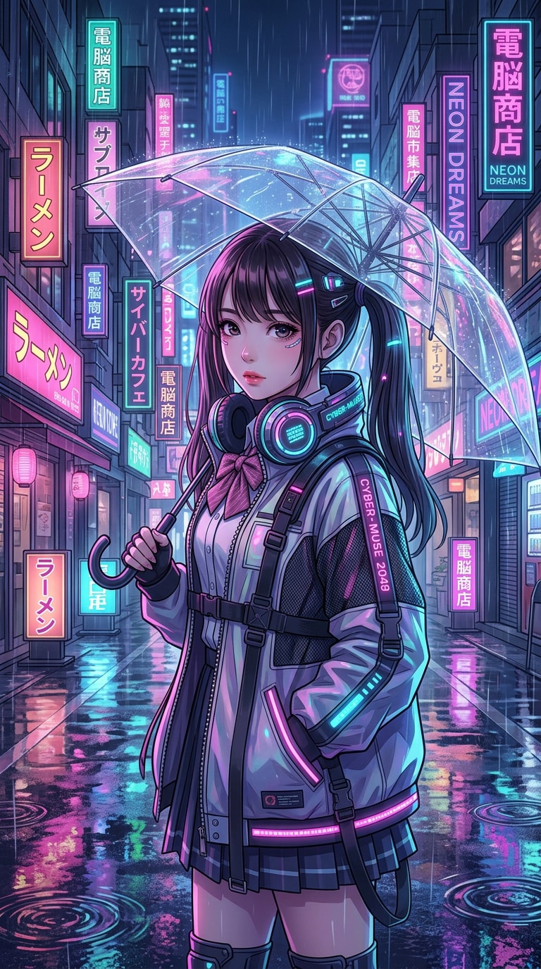 Cyberpunk anime girl headphones wallpaper prompt