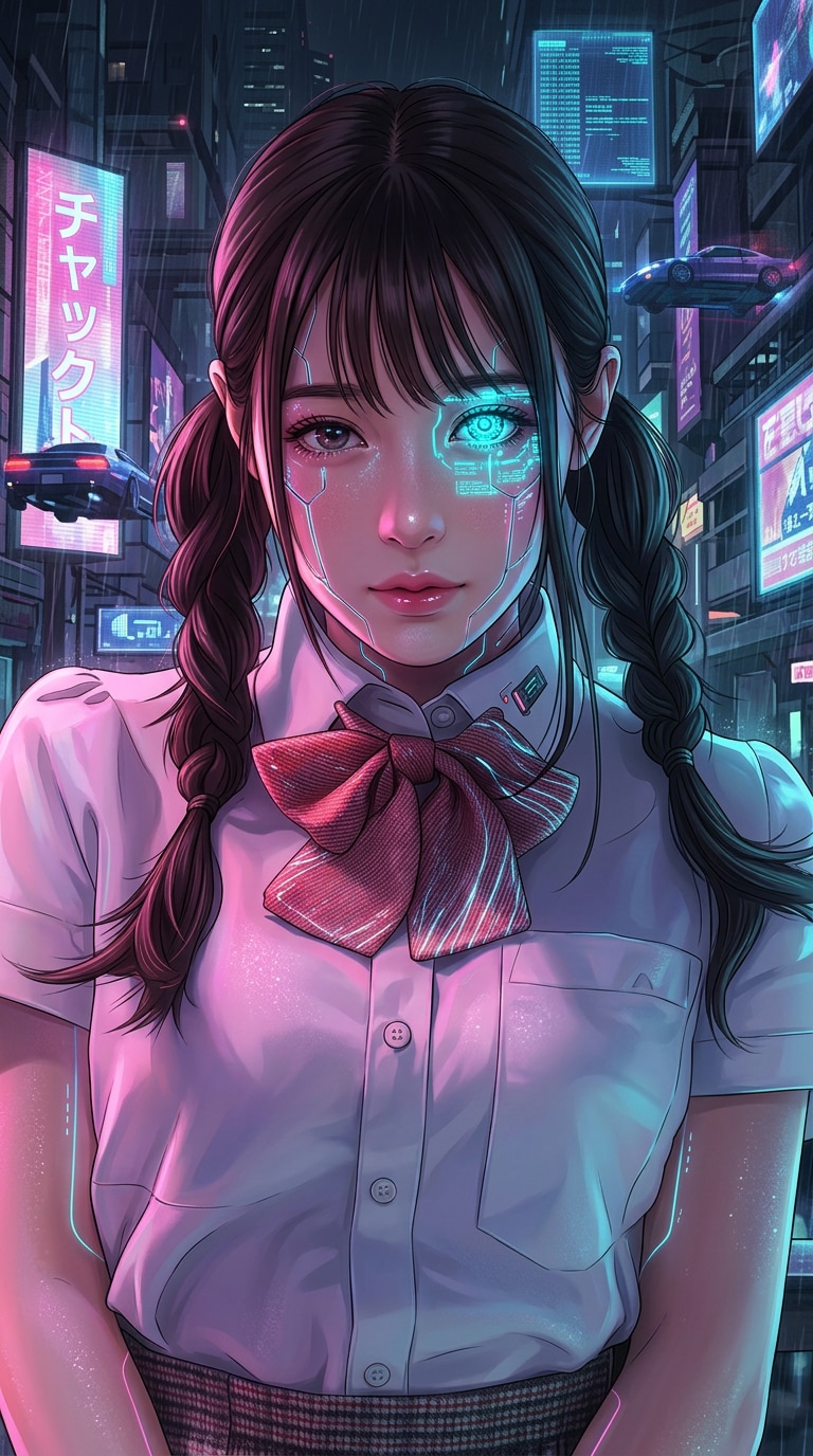 Cyberpunk anime girl android eye wallpaper prompt