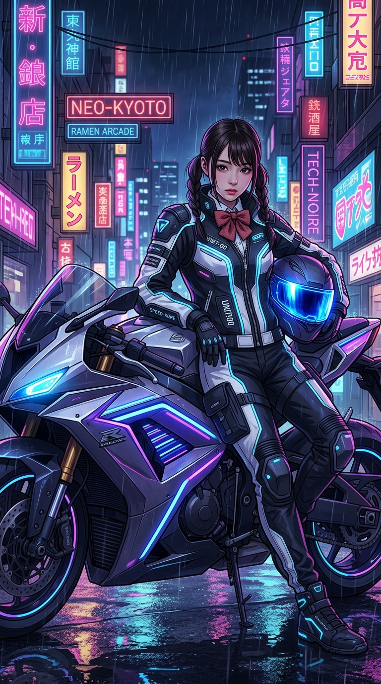Anime girl cyberpunk motorcycle wallpaper prompt