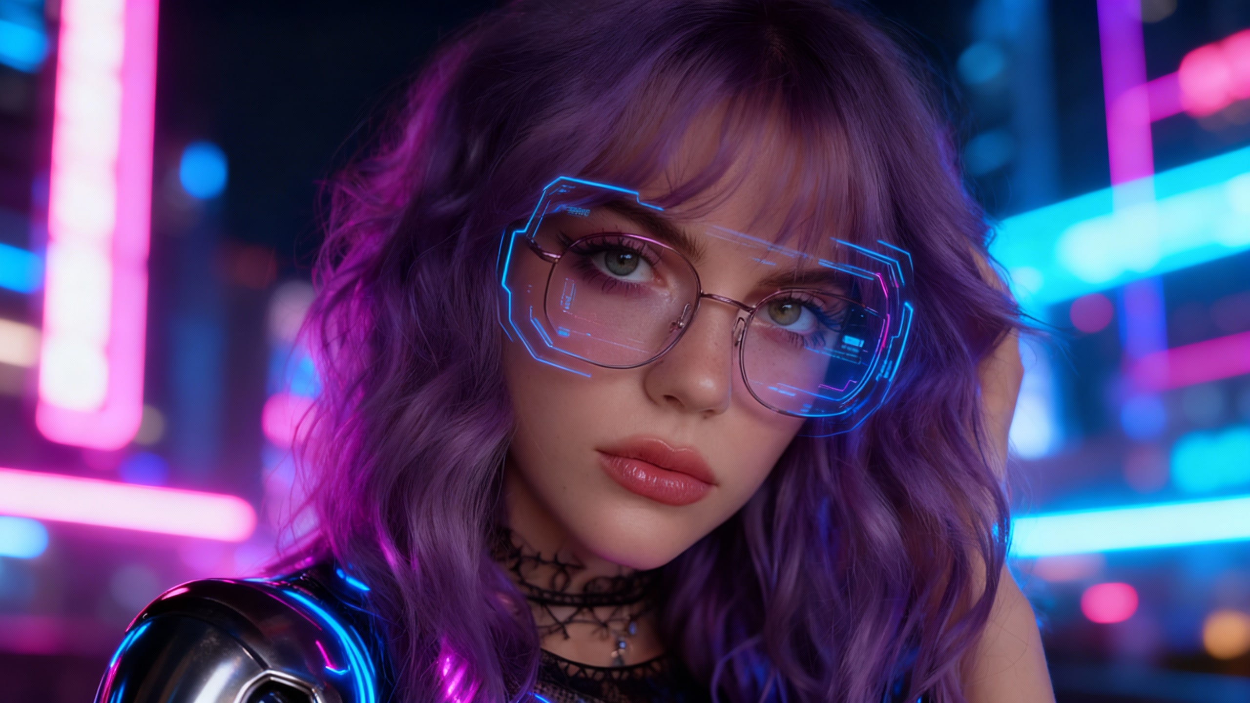 Neon-lit profile portrait in a futuristic city