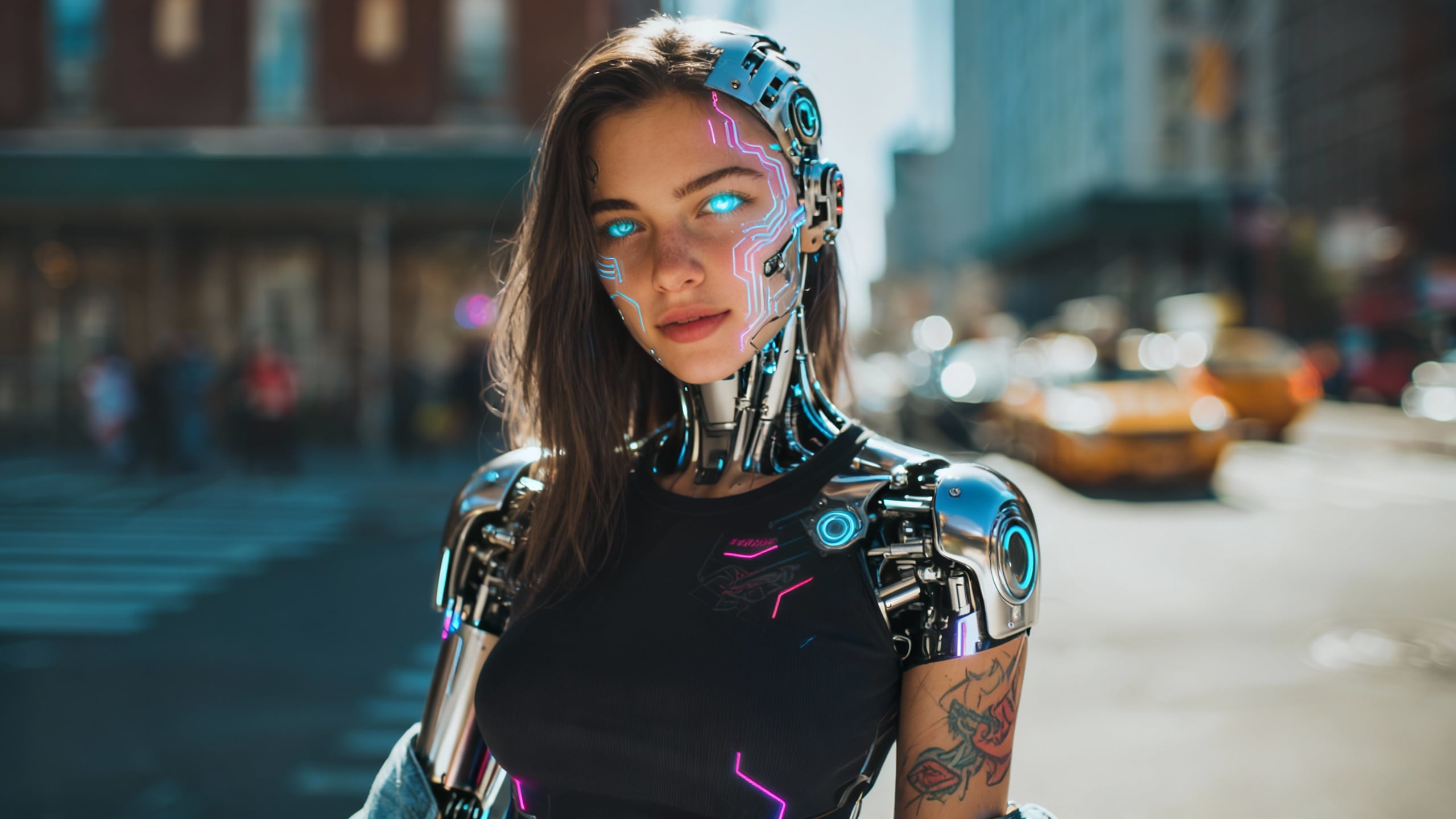 Futuristic human with robotic implants and cybernetic skin.