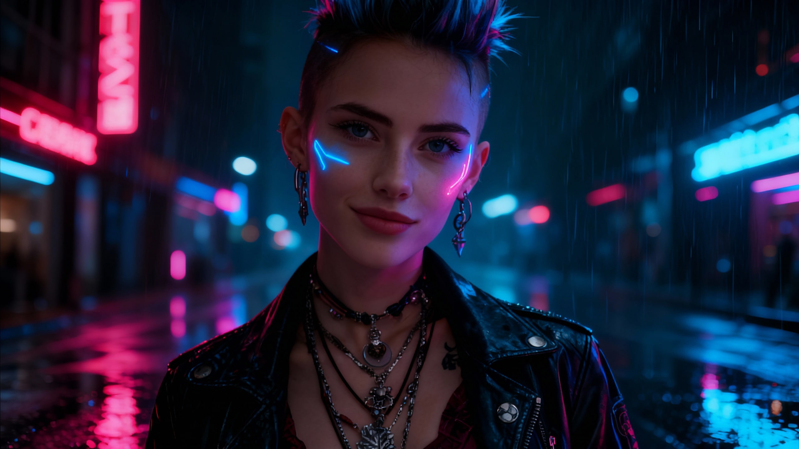 Stylish portrait with rainy cyberpunk streets and neon signs.