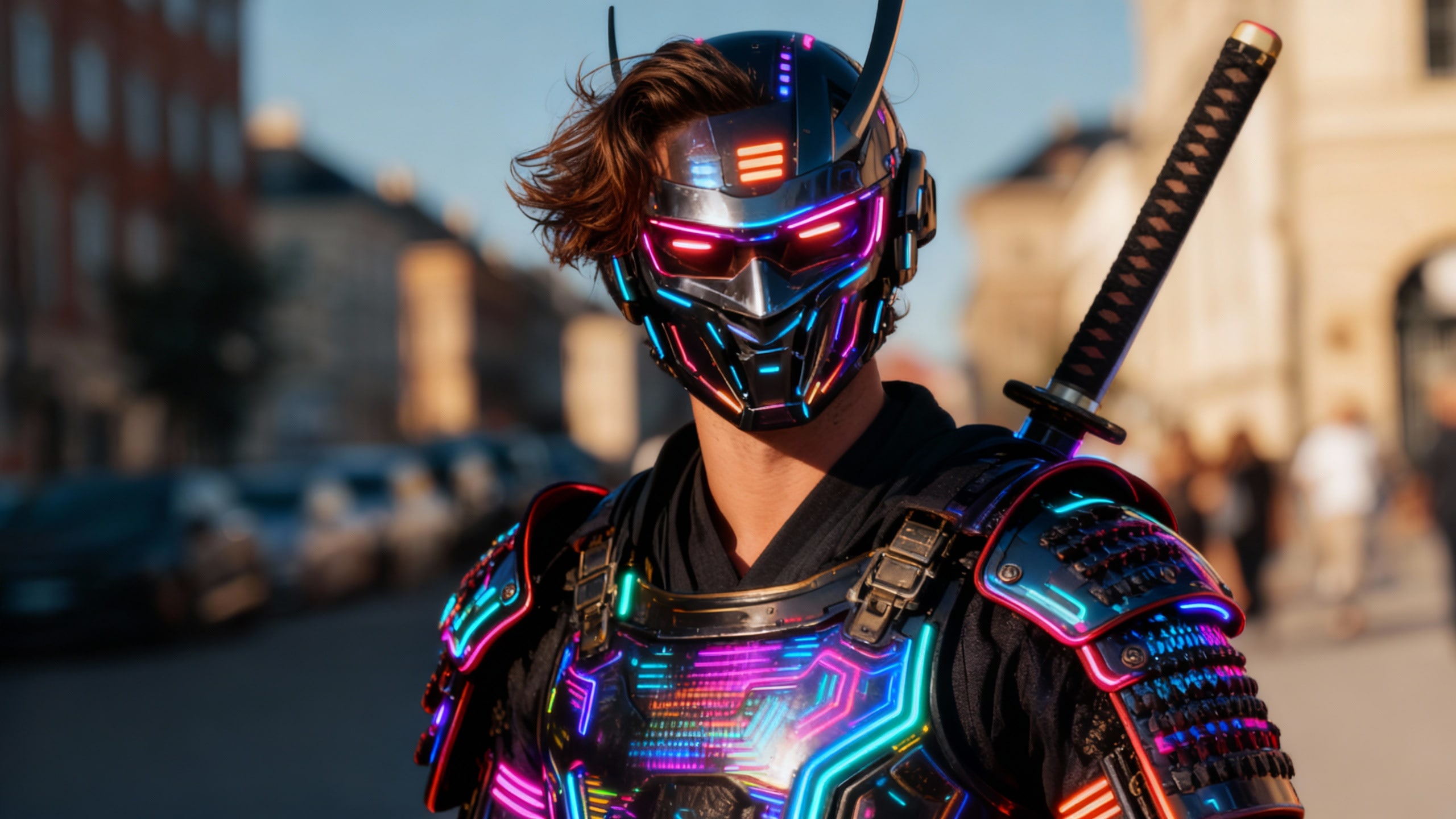Cyberpunk warrior with glowing armor and katana.