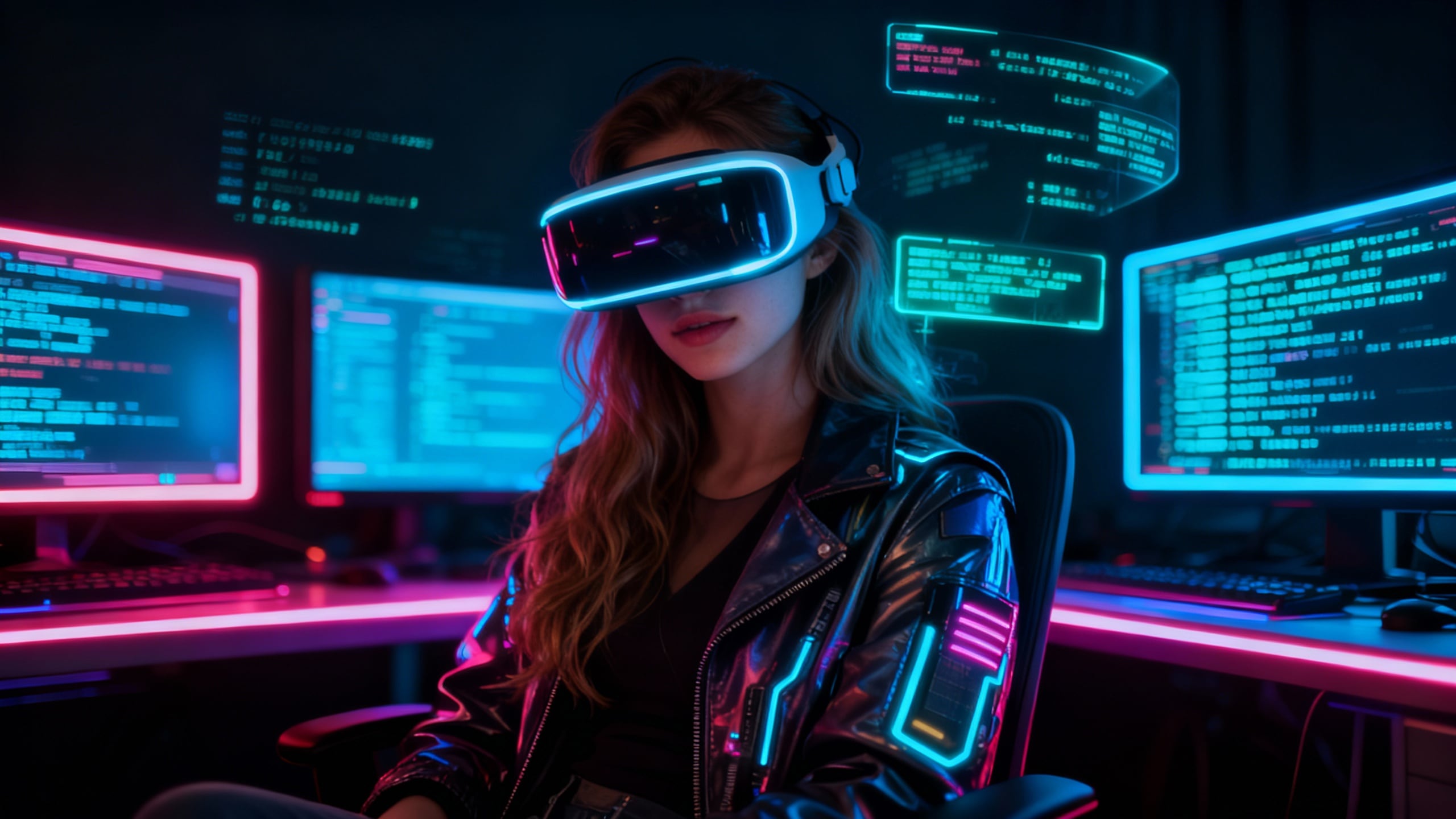 Hacker in neon-lit room with holographic code and VR gear.