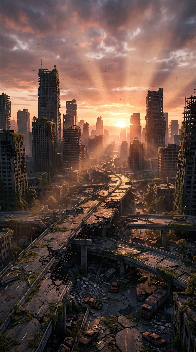 destroyed city AI prompt post-apocalyptic skyline