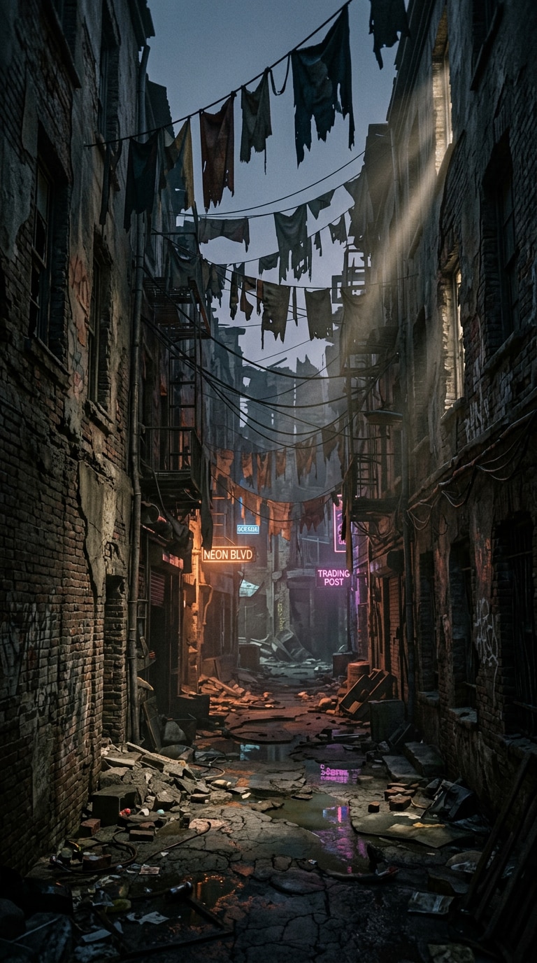 fictional damaged city skyline AI prompt