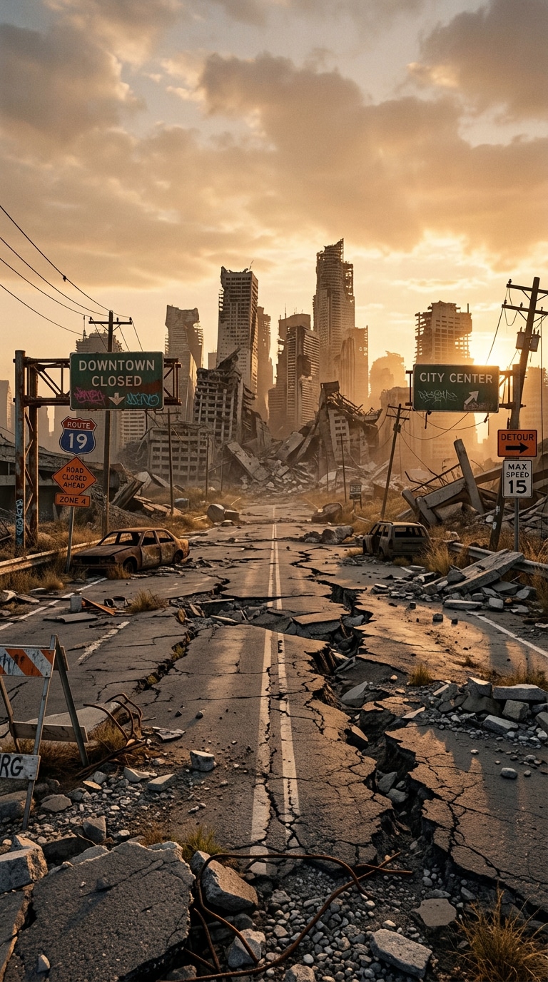 game concept art destroyed city prompt