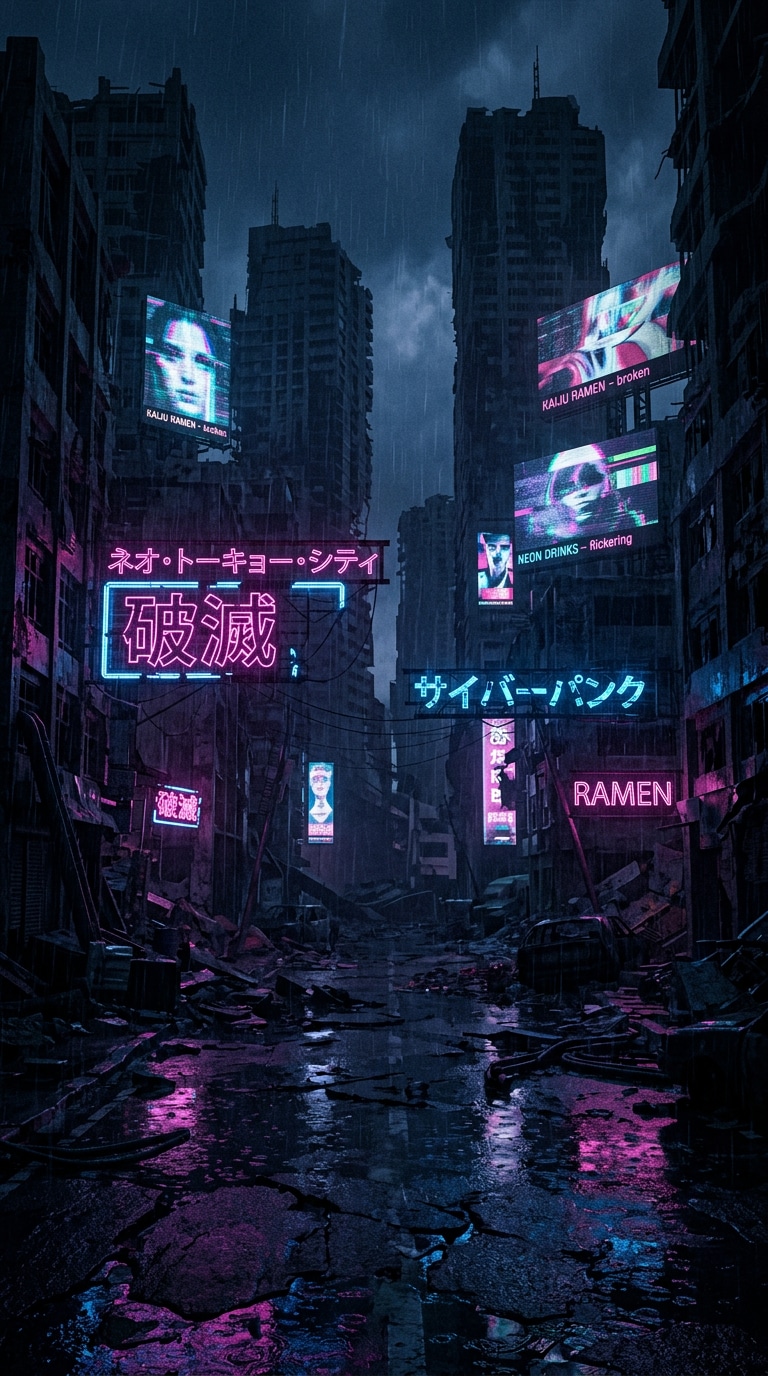 cyberpunk destroyed city AI prompt