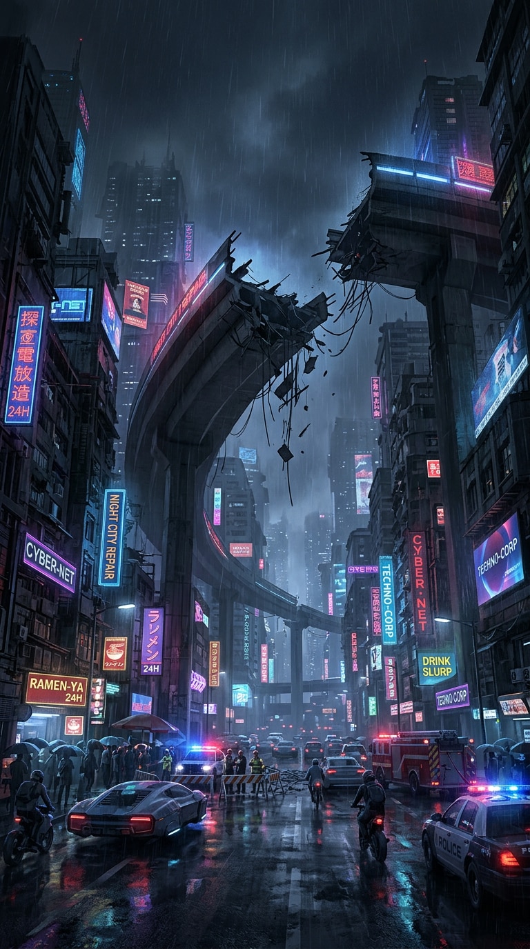 dystopian monorail city ruins prompt