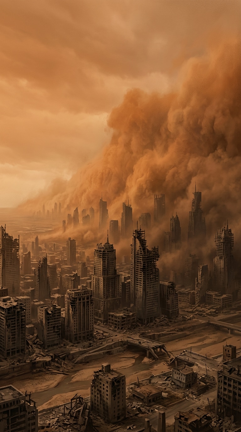 dust storm ruined city skyline prompt