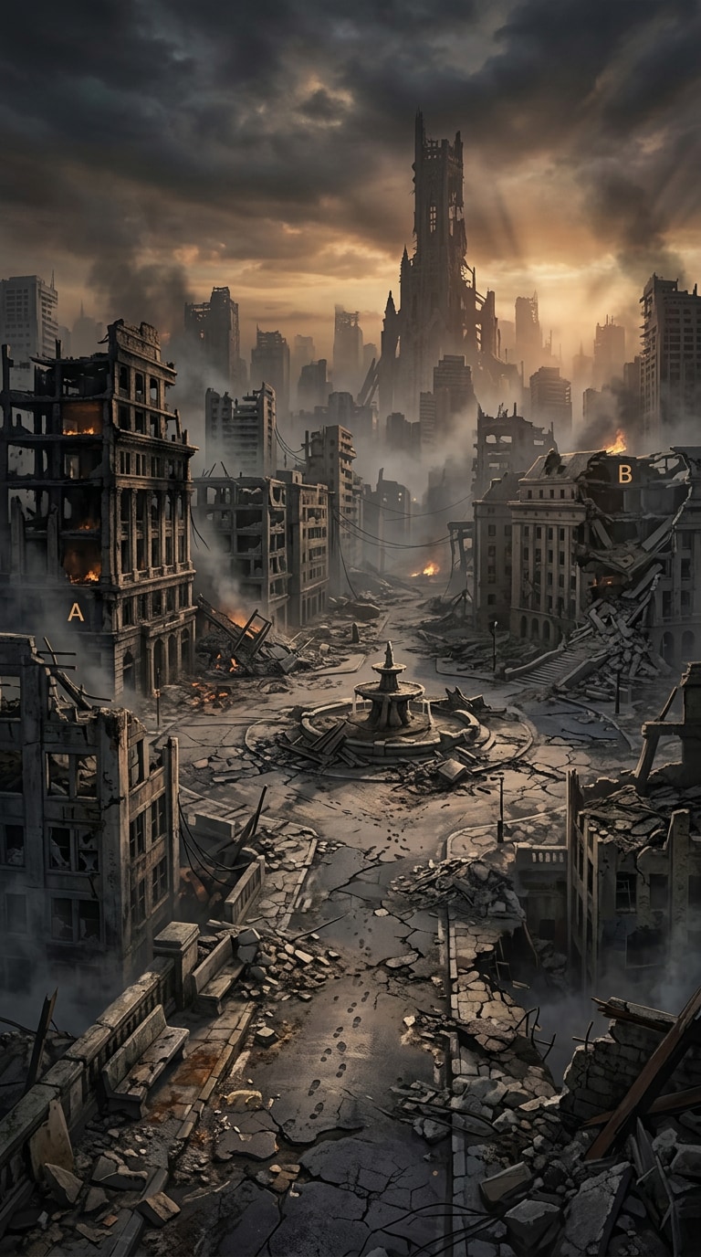 game concept art destroyed city prompt