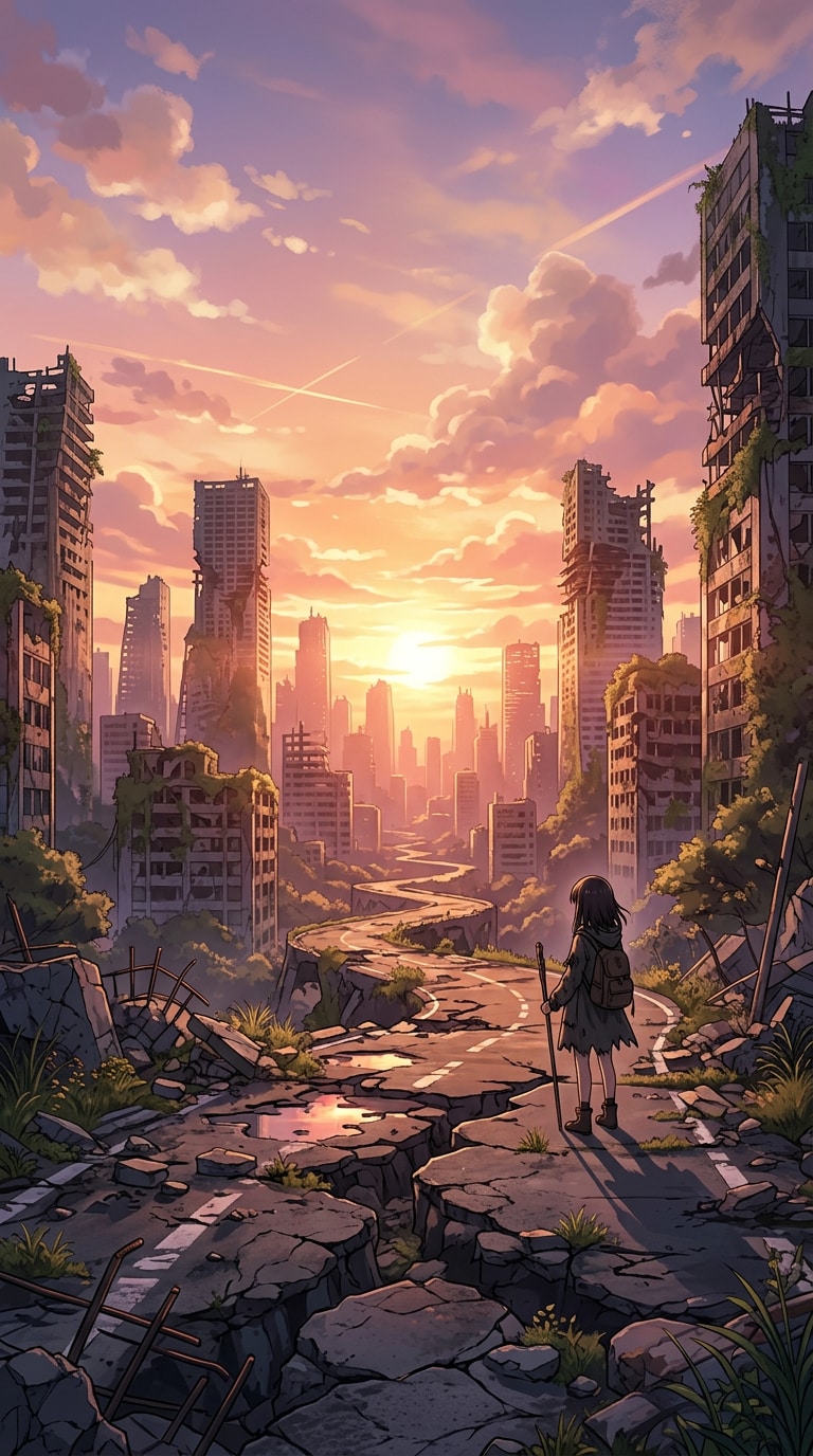 anime ruined city wallpaper prompt