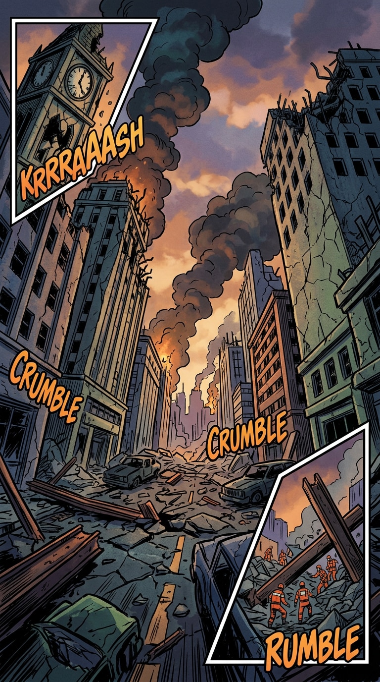 comic book destroyed city prompt