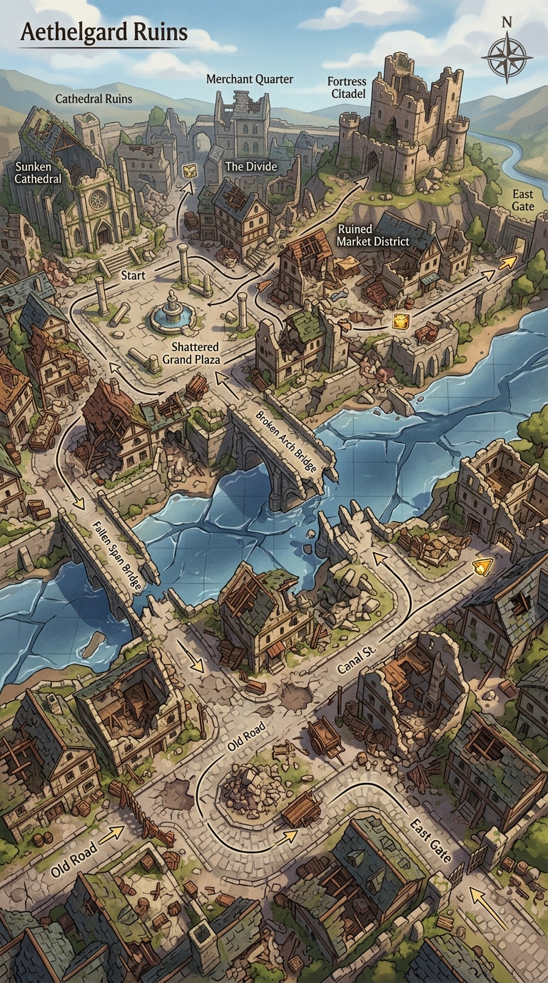 isometric ruined city map prompt