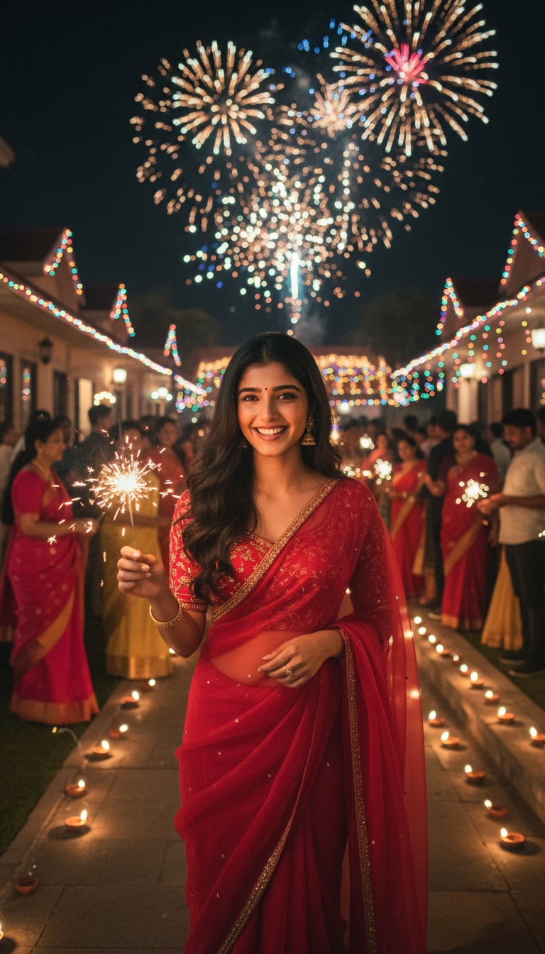 Sparkler Celebration in Red Saree