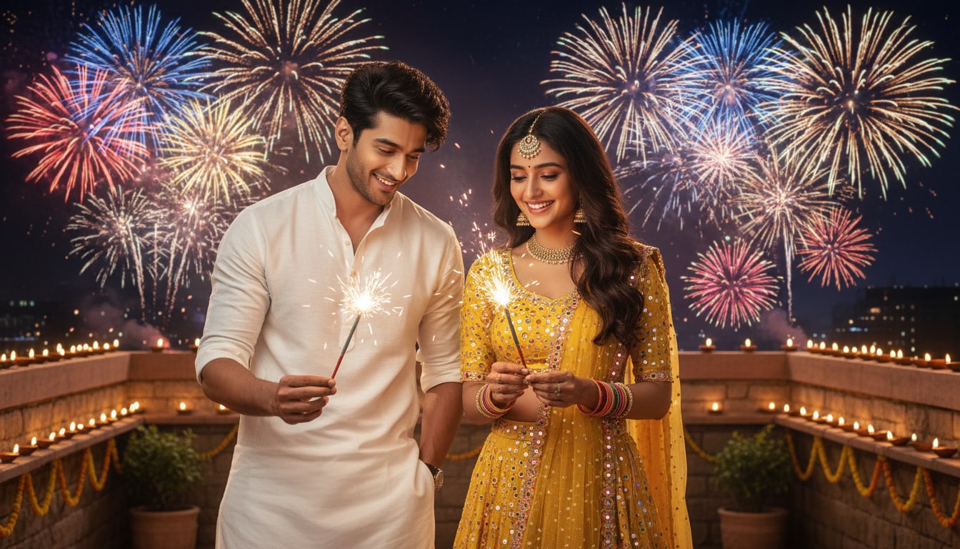 Couple Fireworks Portrait on Diwali Night
