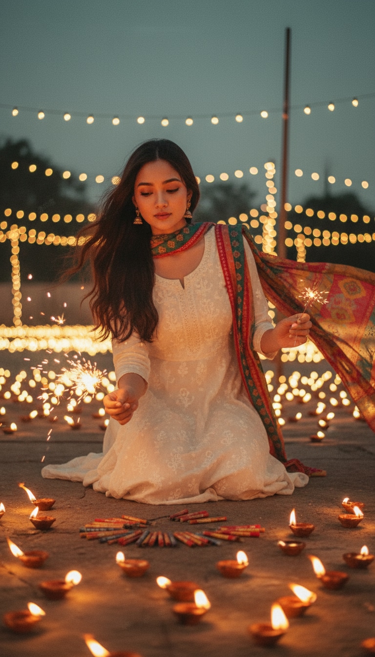 Woman Lighting Firecrackers at Dusk