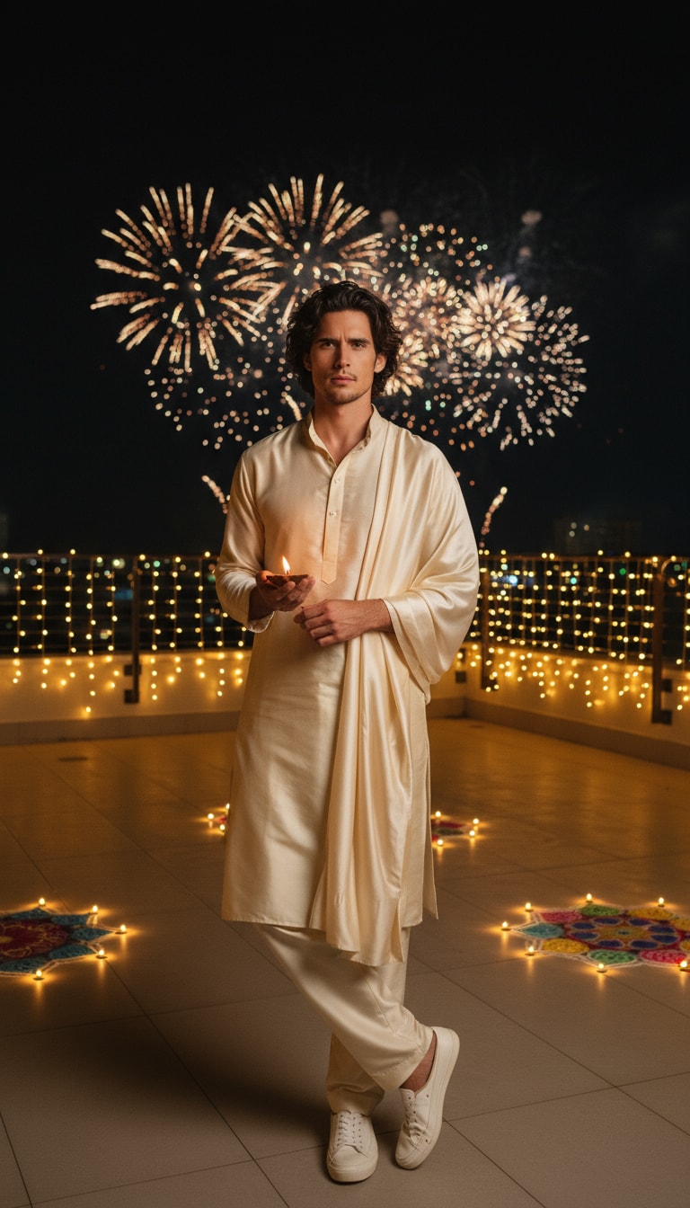 Man on Rooftop with Diya & Fireworks