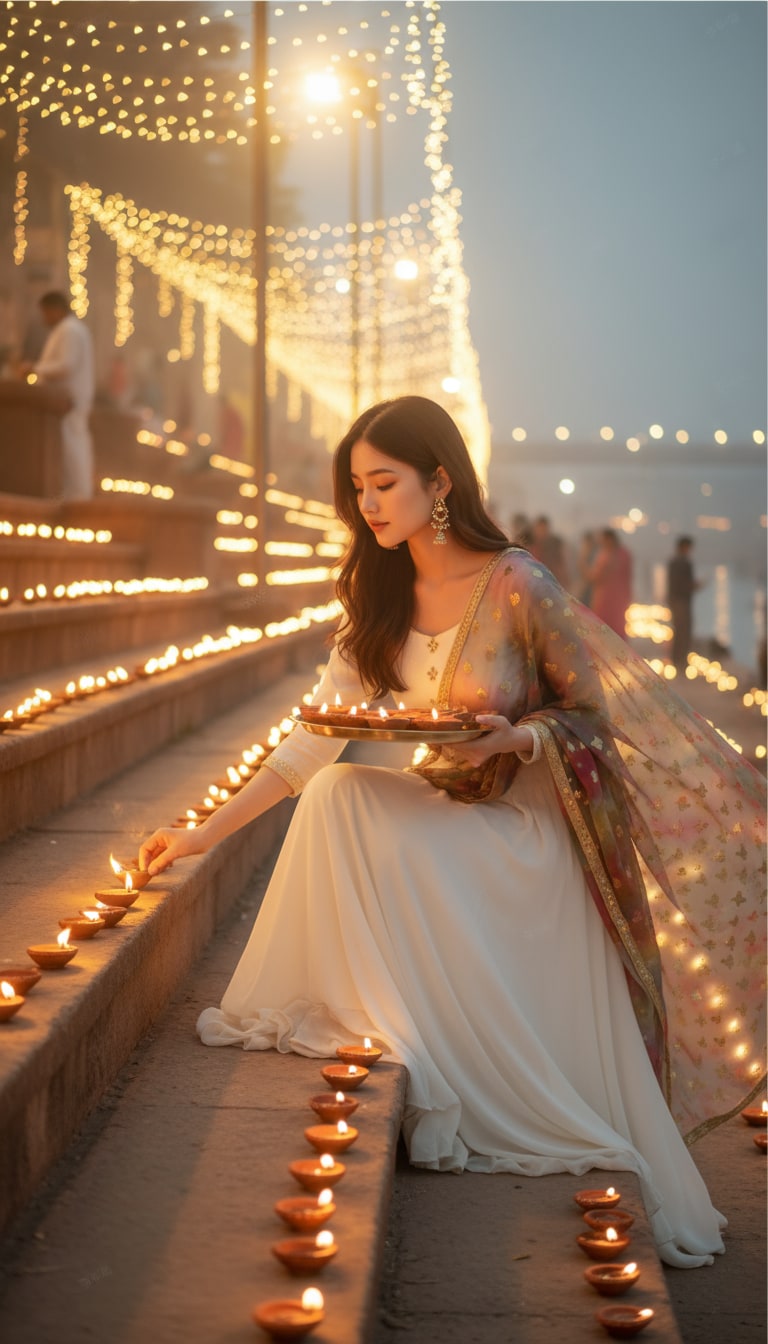 Girl Decorating Diyas at the Ghat