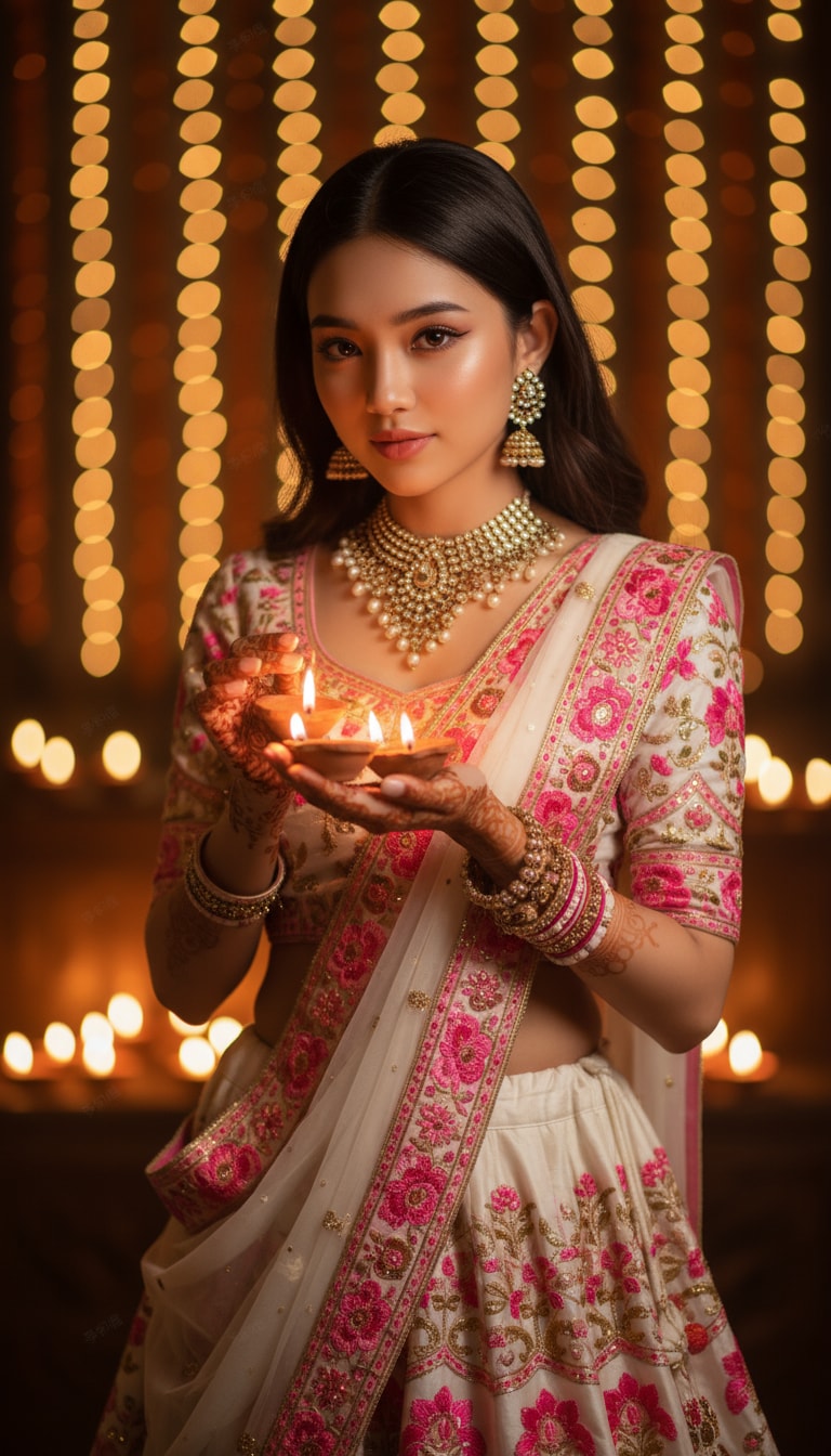 Retro Diwali Portrait with Lehenga & Jewelry
