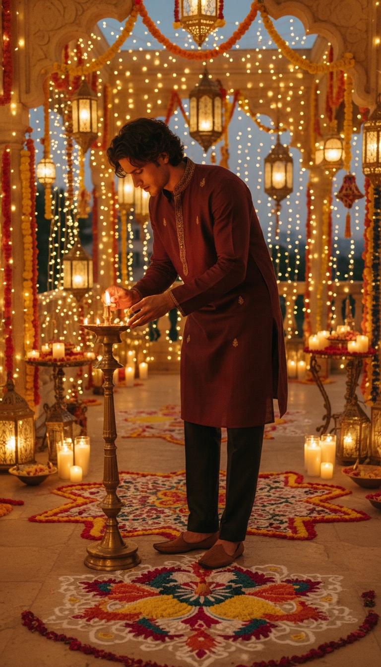 Man Lighting Diya Lamp (Modern Balcony)