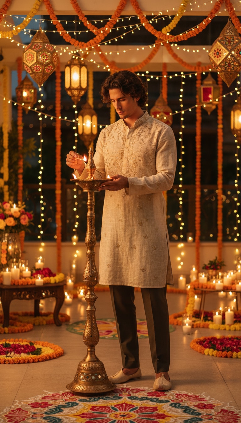 Man Lighting Diya Lamp (Festival Scene)