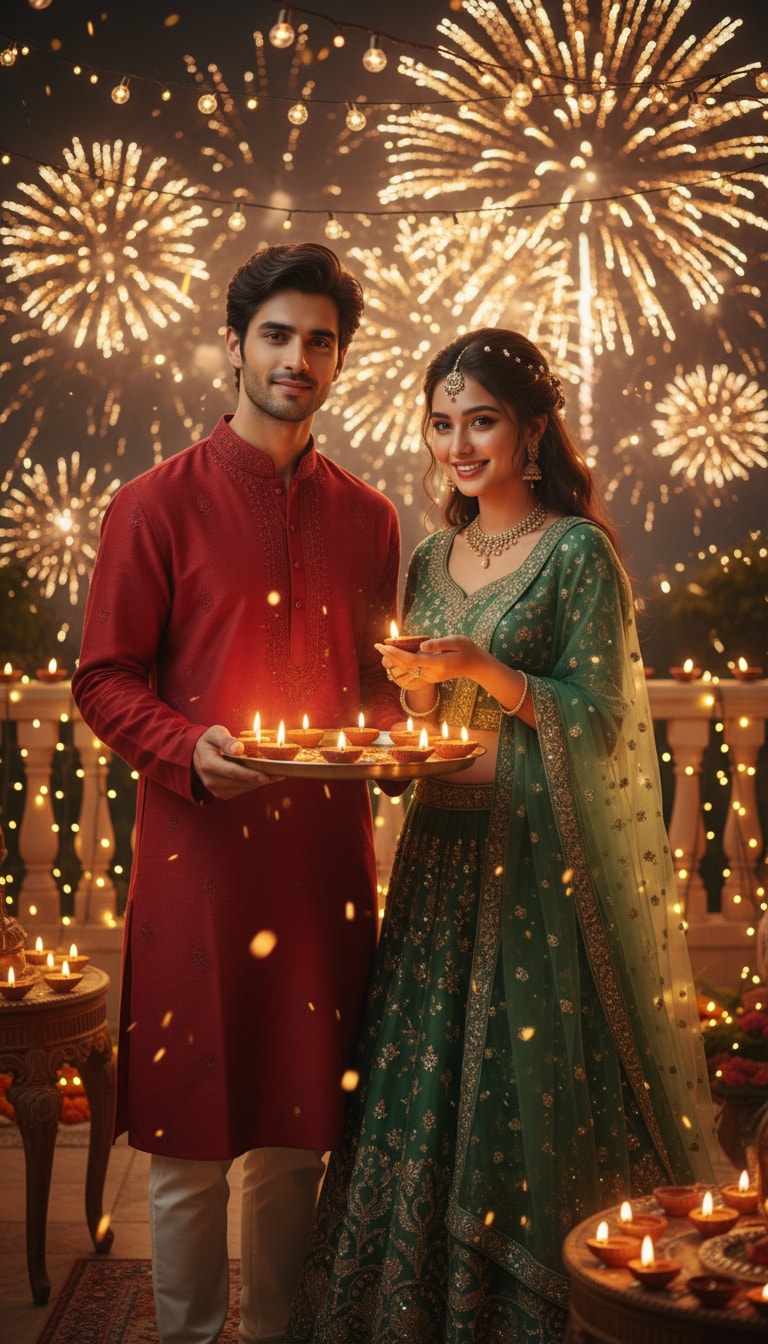 Couple Portrait with Fireworks & Diyas